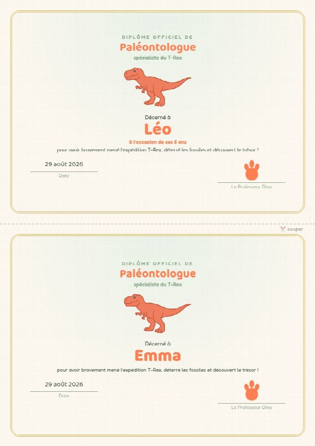 Diplôme personnalisé remis à la fin de la chasse