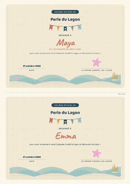 Diplômes sirènes à imprimer, un diplôme au prénom de chaque enfant