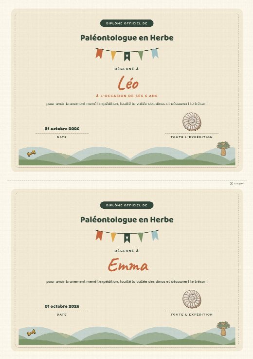 Diplômes dinosaures à imprimer, un diplôme au prénom de chaque enfant