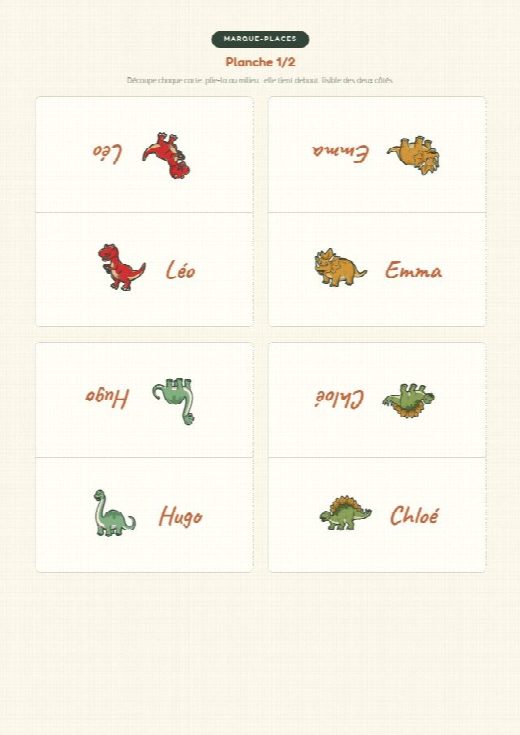 Porte-prénoms dinosaures, une carte à plier par invité(e), au prénom de chacun(e)