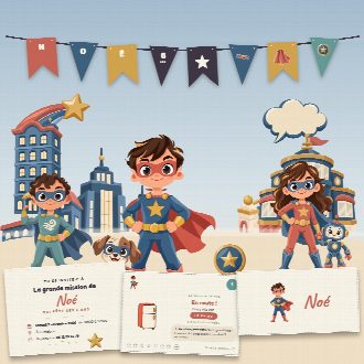 Kit L'École des Super-Héros : l’affiche, une carte de la chasse au trésor et un marque-place au prénom de l’enfant, posés sur une table