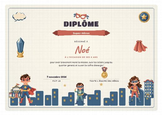 Diplômes super-héros à imprimer, un diplôme au prénom de chaque enfant