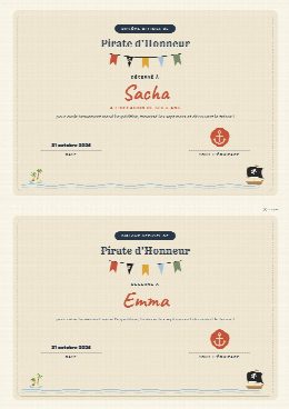 Diplômes pirates à imprimer, un diplôme au prénom de chaque enfant