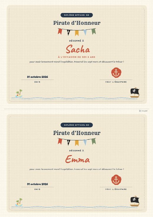 Diplômes pirates à imprimer, un diplôme au prénom de chaque enfant