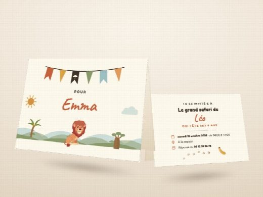 Invitations Safaris, un carton plié par invité(e) au prénom de chacun(e)