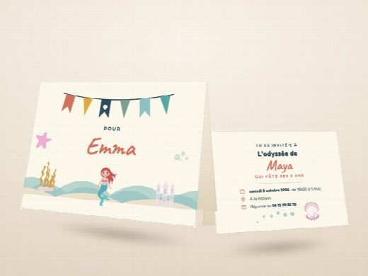 Invitations Sirènes, un carton plié par invité(e) au prénom de chacun(e)