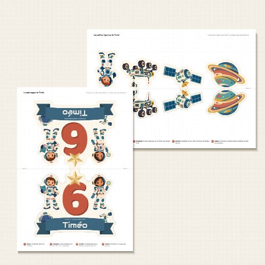 Feuille A4 du cake topper astronaute à imprimer, recto verso de part et d’autre du pli