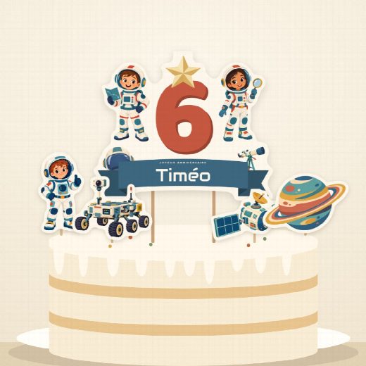 Gâteau d’anniversaire astronaute décoré du cake topper au prénom et de ses quatre petites figurines à imprimer
