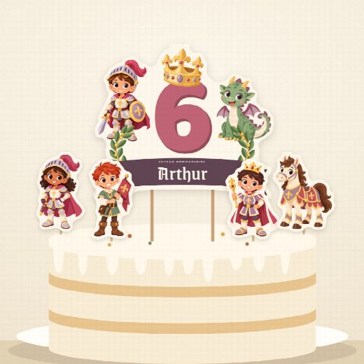 Gâteau d’anniversaire chevaliers décoré du cake topper au prénom et de ses quatre petits pics à imprimer