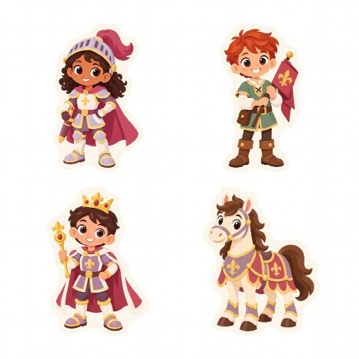 Quatre petits pics chevaliers à imprimer, à planter autour du gâteau ou dans des cupcakes