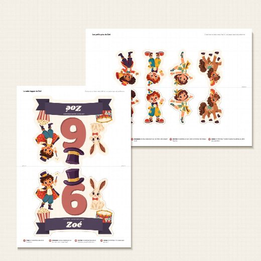 Feuille A4 du cake topper cirque à imprimer, recto verso de part et d’autre du pli
