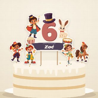Gâteau d’anniversaire cirque décoré du cake topper au prénom et de ses quatre petites figurines à imprimer