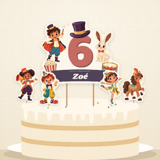 Gâteau d’anniversaire cirque décoré du cake topper au prénom et de ses quatre petites figurines à imprimer