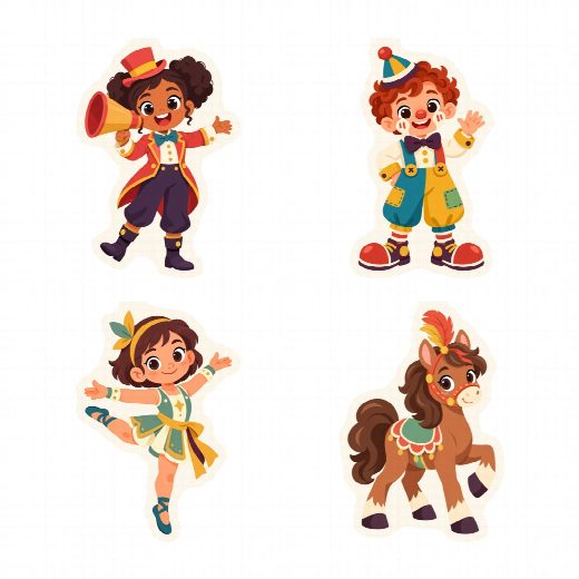 Quatre petites figurines cirque à imprimer, à planter autour du gâteau ou dans des cupcakes