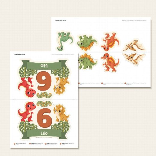 Feuille A4 du cake topper dinosaures à imprimer, recto verso de part et d’autre du pli