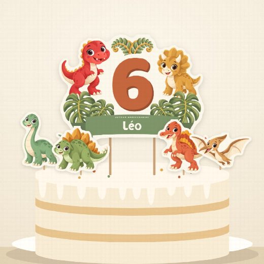 Gâteau d’anniversaire dinosaures décoré du cake topper au prénom et de ses quatre petits pics à imprimer