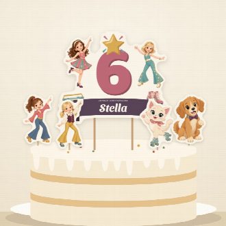 Gâteau d’anniversaire disco décoré du cake topper au prénom et de ses quatre petites figurines à imprimer