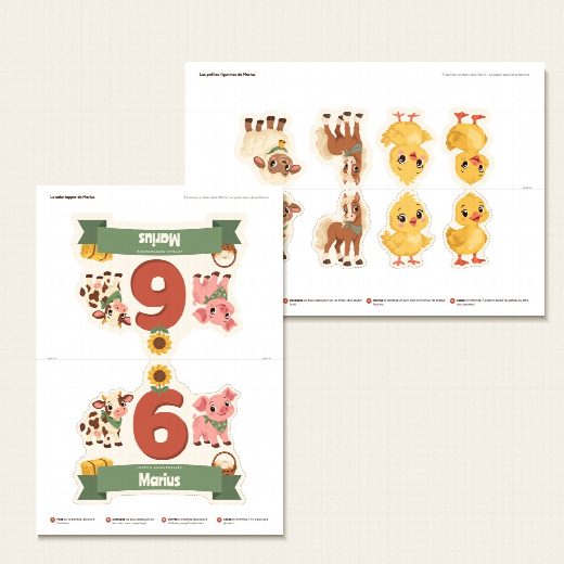 Feuille A4 du cake topper ferme à imprimer, recto verso de part et d’autre du pli