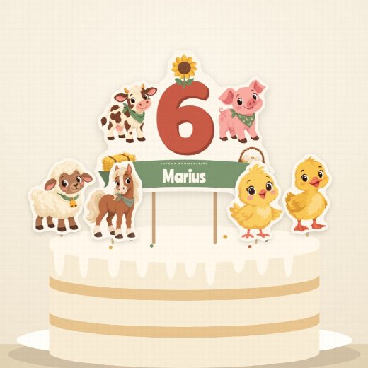 Gâteau d’anniversaire ferme décoré du cake topper au prénom et de ses quatre petites figurines à imprimer