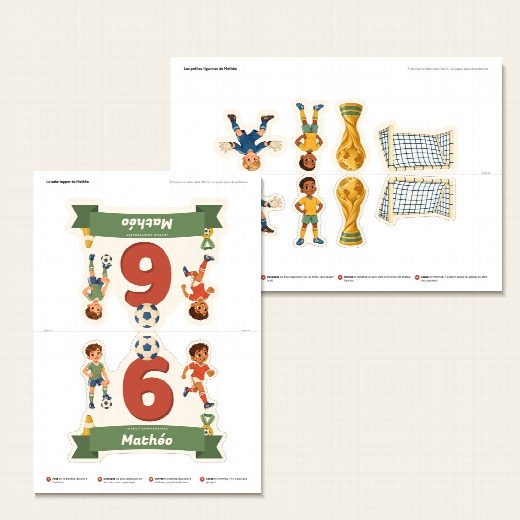 Feuille A4 du cake topper football à imprimer, recto verso de part et d’autre du pli