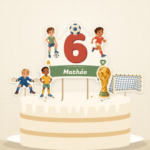 Gâteau d’anniversaire football décoré du cake topper au prénom et de ses quatre petites figurines à imprimer