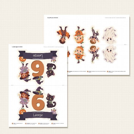 Feuille A4 du cake topper Halloween à imprimer, recto verso de part et d’autre du pli