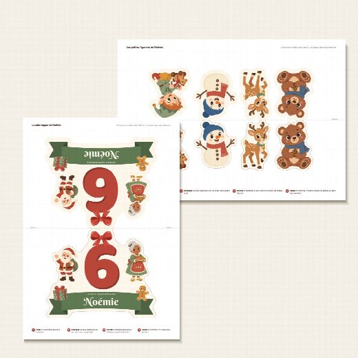 Feuille A4 du cake topper Noël à imprimer, recto verso de part et d’autre du pli
