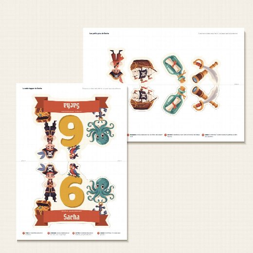 Feuille A4 du cake topper pirates à imprimer, recto verso de part et d’autre du pli