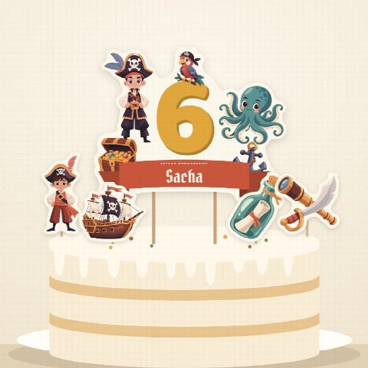 Gâteau d’anniversaire pirates décoré du cake topper au prénom et de ses quatre petits pics à imprimer