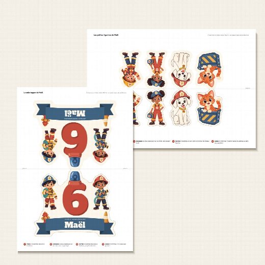 Feuille A4 du cake topper pompier à imprimer, recto verso de part et d’autre du pli