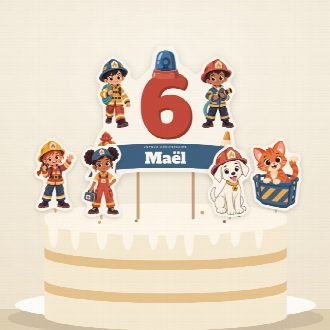 Gâteau d’anniversaire pompier décoré du cake topper au prénom et de ses quatre petites figurines à imprimer