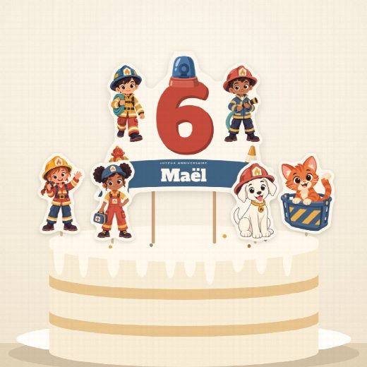 Gâteau d’anniversaire pompier décoré du cake topper au prénom et de ses quatre petites figurines à imprimer