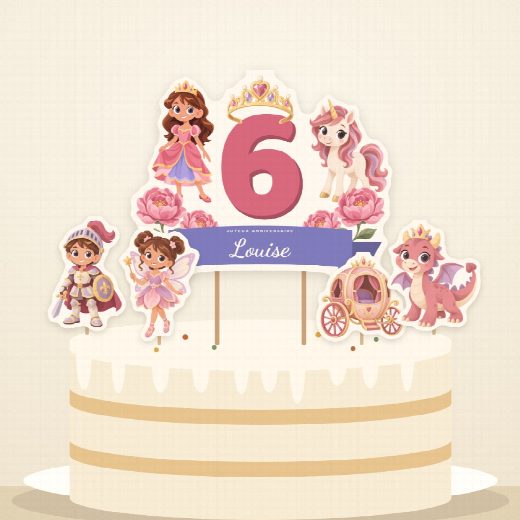 Gâteau d’anniversaire princesses décoré du cake topper au prénom et de ses quatre petits pics à imprimer