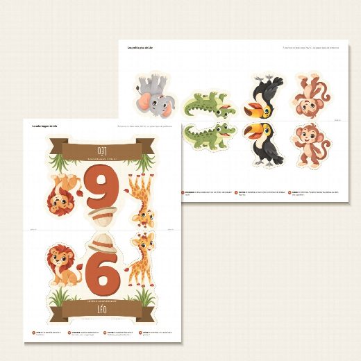Feuille A4 du cake topper safari à imprimer, recto verso de part et d’autre du pli