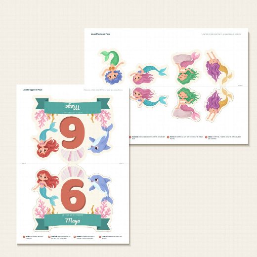 Feuille A4 du cake topper sirènes à imprimer, recto verso de part et d’autre du pli