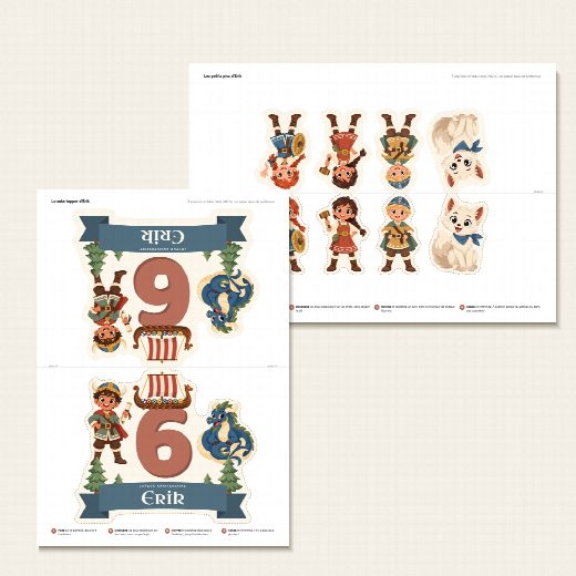 Feuille A4 du cake topper vikings à imprimer, recto verso de part et d’autre du pli