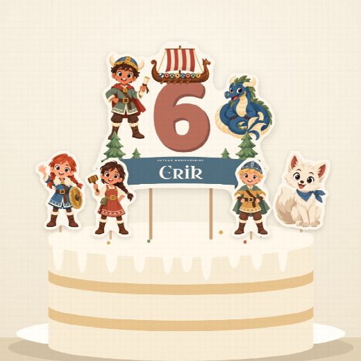 Gâteau d’anniversaire vikings décoré du cake topper au prénom et de ses quatre petits pics à imprimer