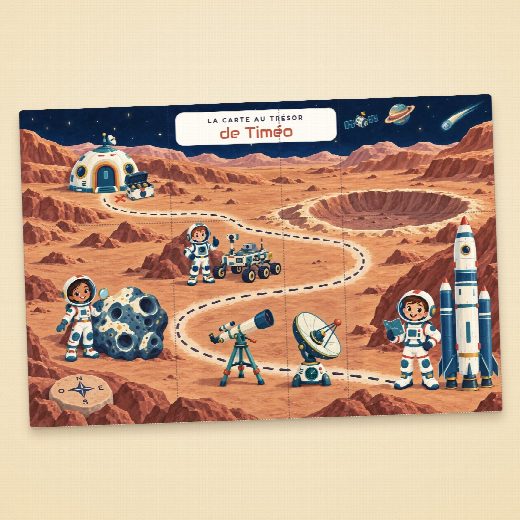 Carte au trésor astronaute à imprimer, au prénom de l’enfant, à découper en morceaux pour la chasse au trésor
