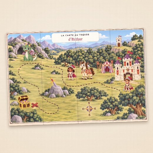Carte au trésor chevaliers à imprimer, au prénom de l’enfant, à découper en morceaux pour la chasse au trésor