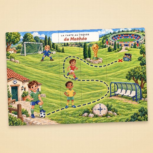 Carte au trésor football à imprimer, au prénom de l’enfant, à découper en morceaux pour la chasse au trésor