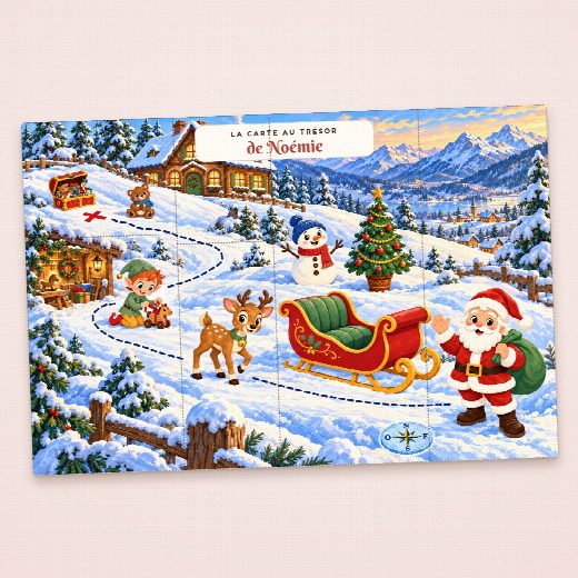 Carte au trésor Noël à imprimer, au prénom de l’enfant, à découper en morceaux pour la chasse au trésor