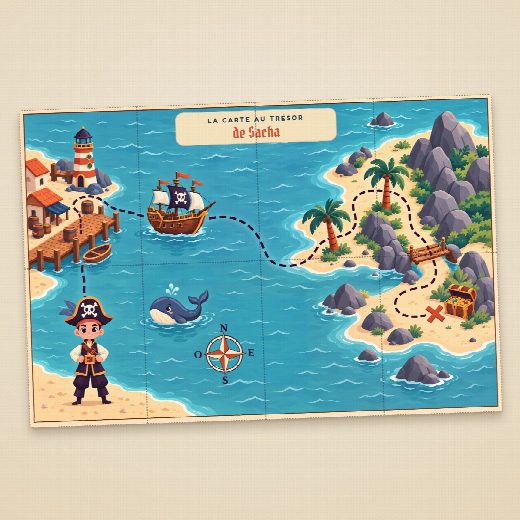 Carte au trésor pirates à imprimer, au prénom de l’enfant, à découper en morceaux pour la chasse au trésor