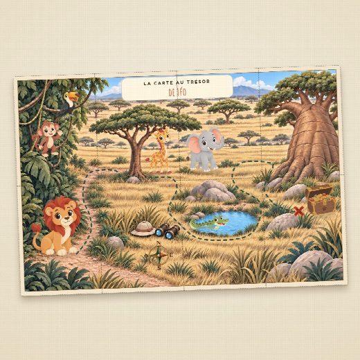 Carte au trésor safari à imprimer, au prénom de l’enfant, à découper en morceaux pour la chasse au trésor