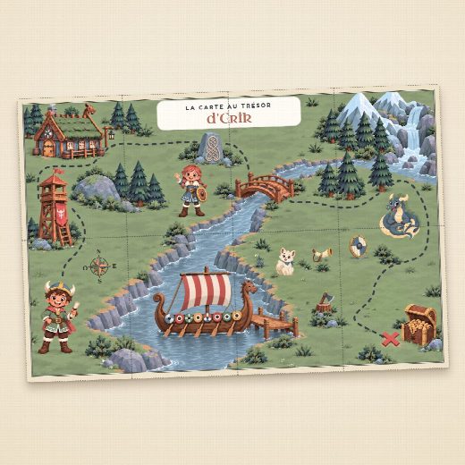 Carte au trésor vikings à imprimer, au prénom de l’enfant, à découper en morceaux pour la chasse au trésor