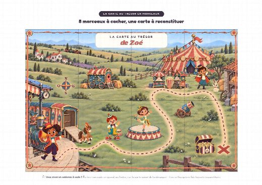Carte au trésor cirque à imprimer et à reconstituer, un morceau par cachette