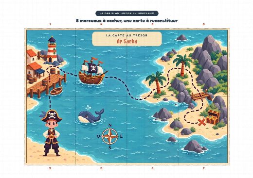 Carte au trésor pirates à imprimer et à reconstituer, un morceau par cachette