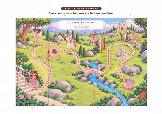 Carte au trésor princesses à imprimer et à reconstituer, un morceau par cachette