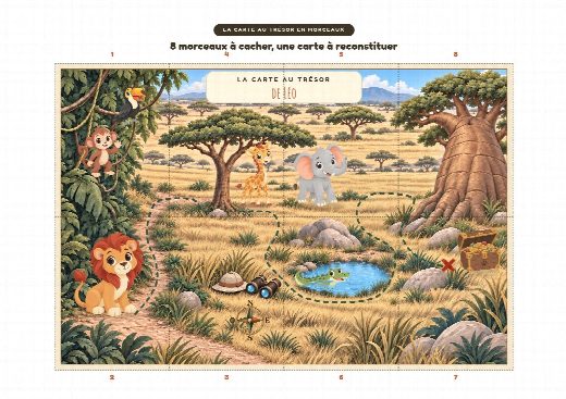 Carte au trésor safari à imprimer et à reconstituer, un morceau par cachette