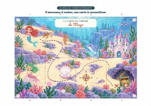 Carte au trésor sirènes à imprimer et à reconstituer, un morceau par cachette