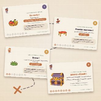 Cartes de la chasse au trésor Halloween à imprimer, au prénom de l’enfant : une cachette et un petit défi par carte, jusqu’au trésor
